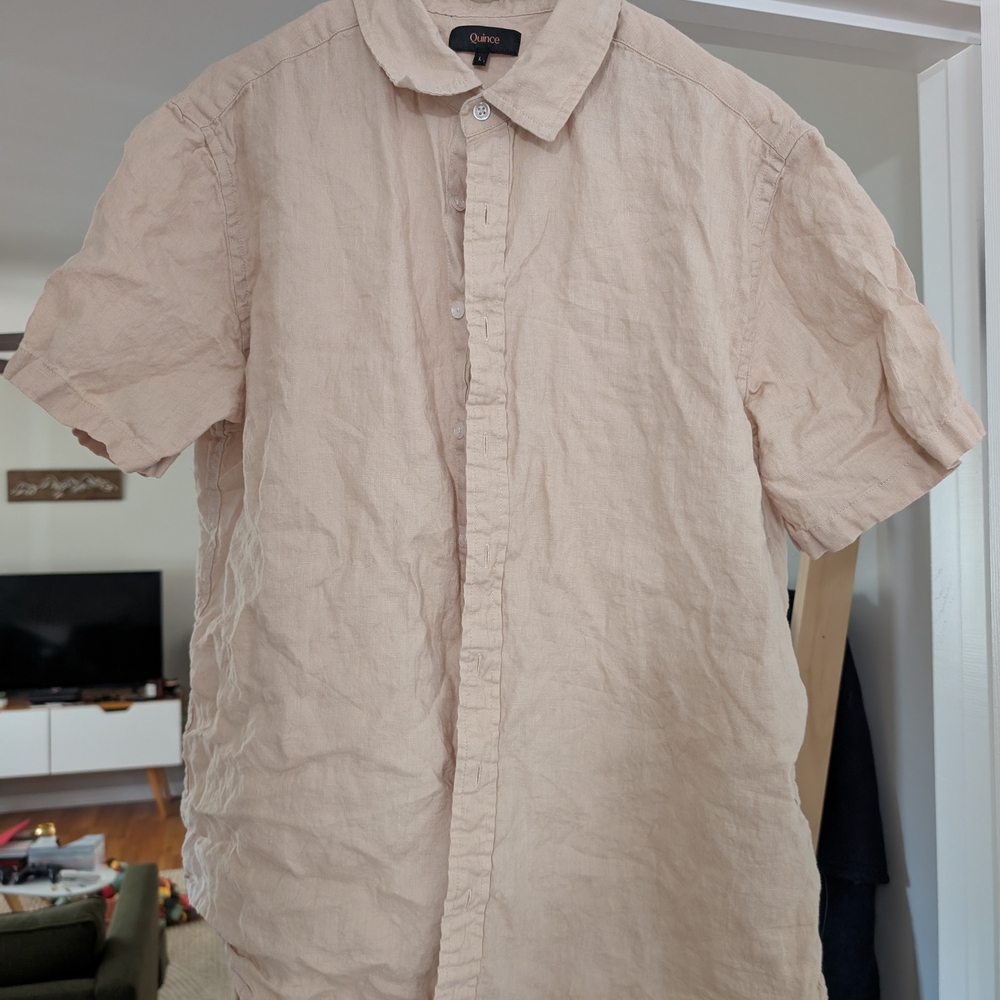 Quince Men's Beige Short Sleeve Casual Button Down Linen Shirt